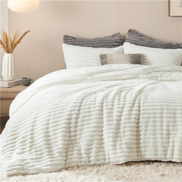 Other - Fluffy Comforter Set Queen - Super Soft Faux Fur Bed Set Cream White, All Season